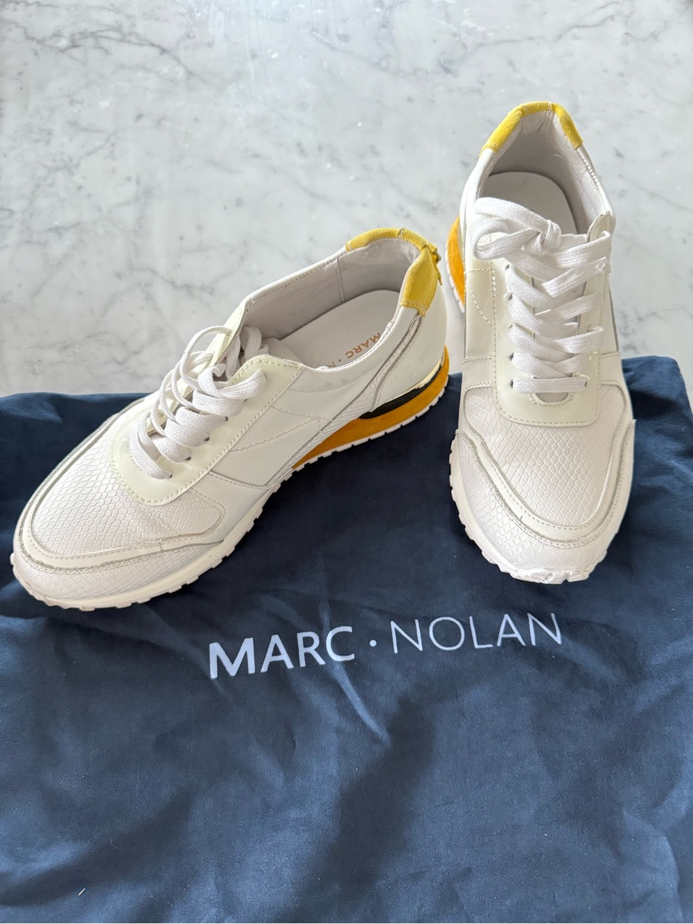 Marc Nolan White Leather Sneakers with Yellow and gold chrome  Accents